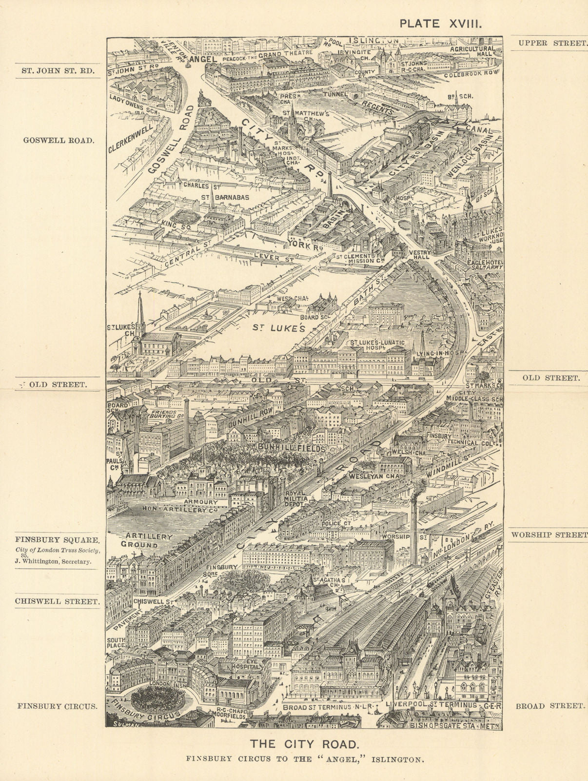 City Road bird's eye view. Finsbury Circus to Angel Islington. SULMAN 1890 map